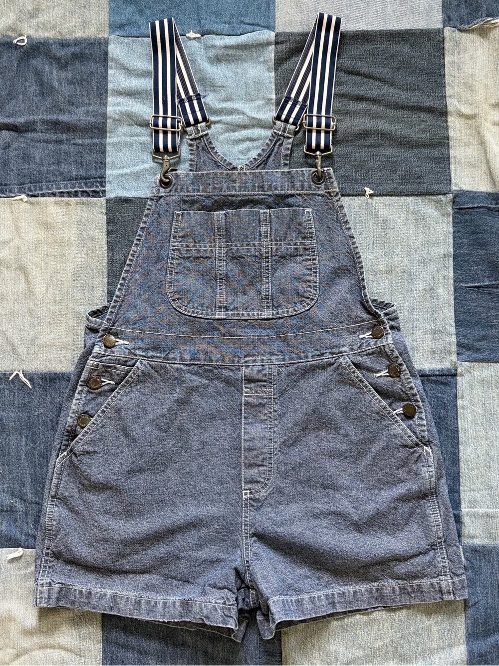 vintage london london denim overall shorts striped straps shortalls size M